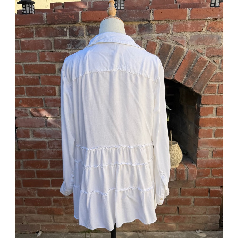 Style & Co Womens White Tiered Pintuck Lace Rayon Tunic Blouse Large Roll Tab L - Picture 2 of 6